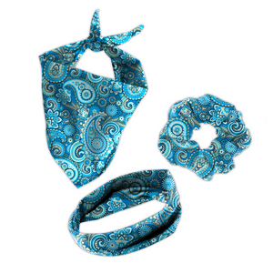 Buddy Bandana Set Boteh Hundehalstuch Blau mit Muster und Haarband / Scrunchie